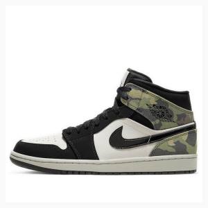 Air Jordan 1 Barbati Nike Mid-High Camo Ghete Baschet Negrii Albi Verzi | JD-715RN