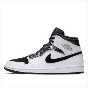 Air Jordan 1 Barbati Nike Mid-High Ghete Baschet Albi Negrii Argintii | JD-104FL