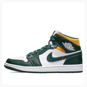 Air Jordan 1 Barbati Nike Mid-High Ghete Baschet Albi Verzi Galbeni | JD-268QU