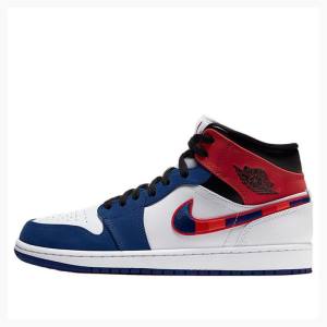 Air Jordan 1 Barbati Nike Mid-High SE Ghete Baschet Albi Albastri Rosii | JD-389FN