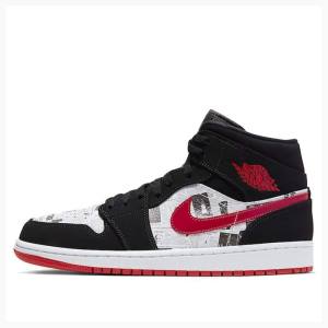 Air Jordan 1 Barbati Nike Mid-High SE Newspaper Air Times Ghete Baschet Negrii Albi Rosii | JD-649AH