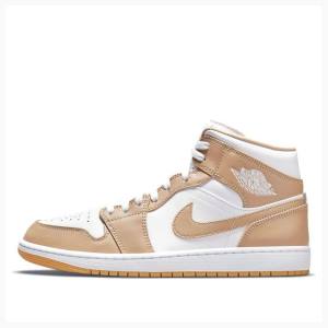 Air Jordan 1 Barbati Nike Mid-High Tan Gum Ghete Baschet Bej Albi | JD-672CJ