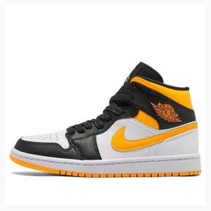 Air Jordan 1 Dama Nike Mid-High SE Ghete Baschet Albi Negrii Galbeni | JD-714UP