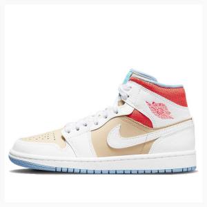 Air Jordan 1 Dama Nike Mid-High Sesame (W) Ghete Baschet Albi Rosii Maro | JD-125NQ