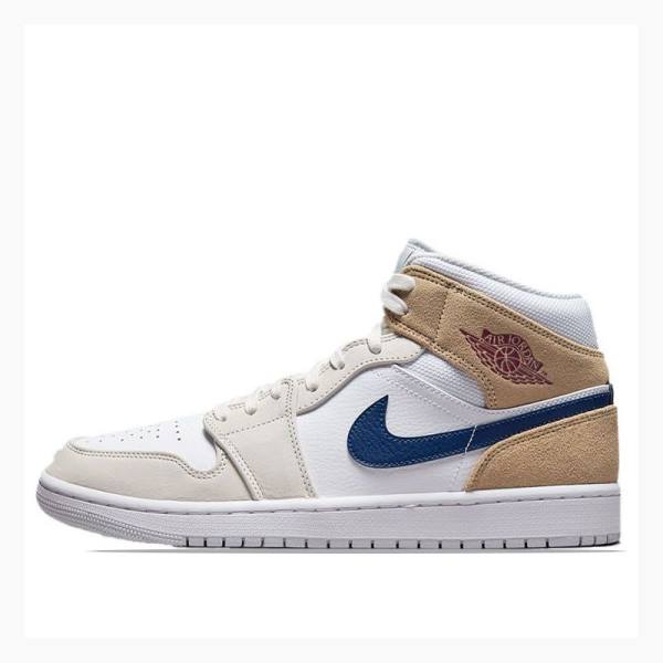 Air Jordan 1 Barbati Nike Mid-High Ghete Baschet Albi Albastri Bej | JD-642QD